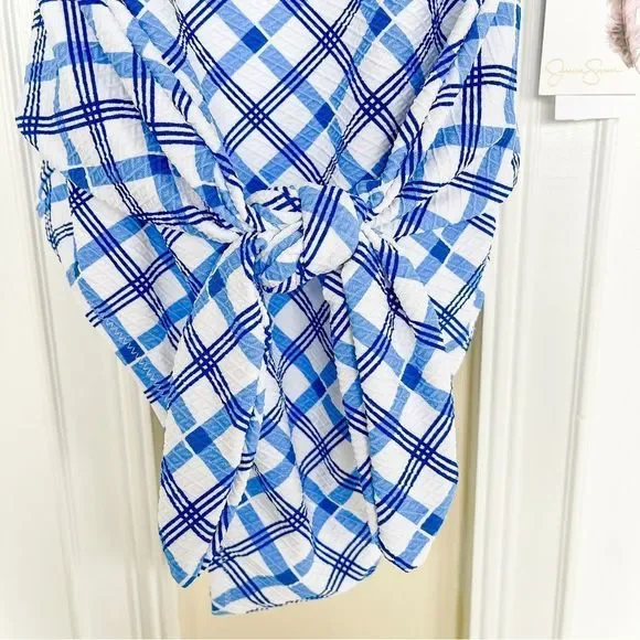 Jessica Simpson Small Bodysuit Bathing Suit Checkered Blue White Open Front Bow